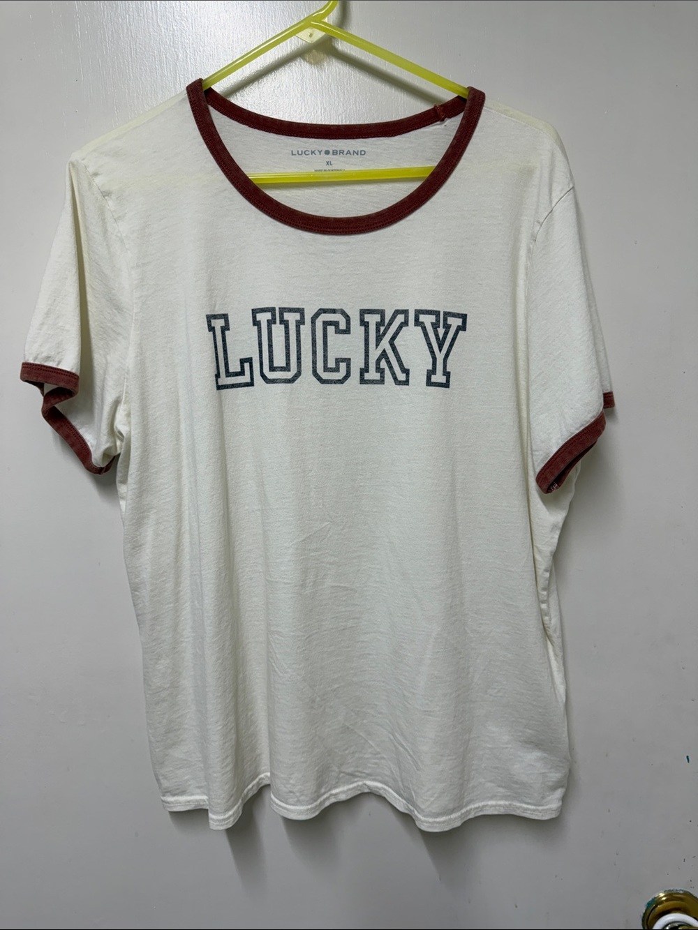 Lucky Brand White Tee with Maroon Trim and Navy 'LUCKY' Logo